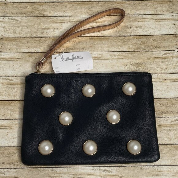 NWT Neiman Marcus Black Clutch with Pearls Purse Evening Bag Gold Strap 7.5 x 5 - Picture 1 of 9